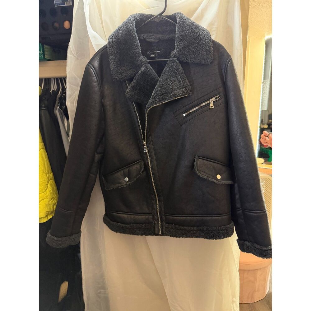 INC International Concepts Women's Faux-Leather Shearling Moto Biker Jacket
